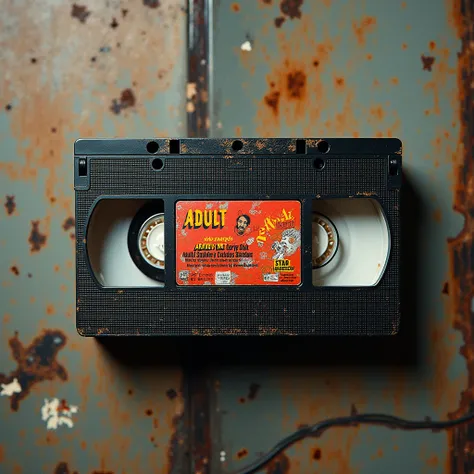 1:1 1980s photorealistic weathered album cover depicting an "Adult XXX rated" VHS Cassette 