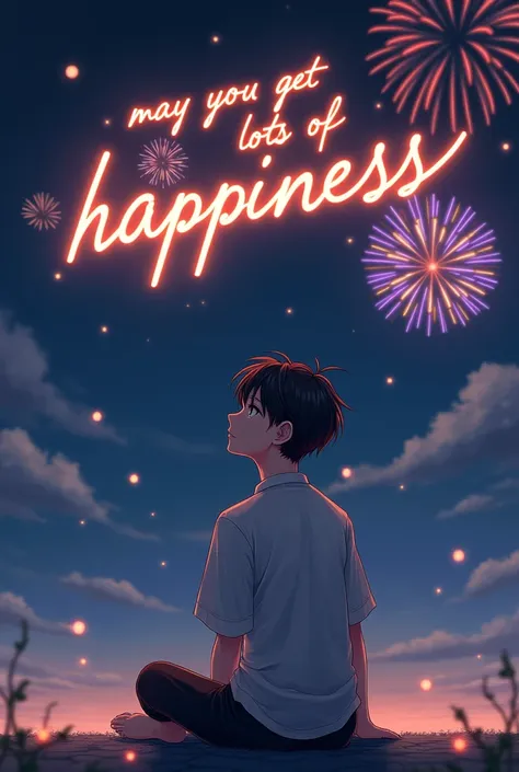 Beautiful wish of new year " MAY YOU GET LOTS OF HAPPINESS" written on the night sky with fire works, a anime face man wearing black pent and white shirt sitting under the sky looking in the sky at the wish 