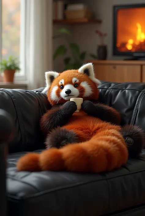 On peut voir dans un salon allongé sur un canapé en cuir noir un gros panda roux buvant son thé et regardant la télé en toute détente