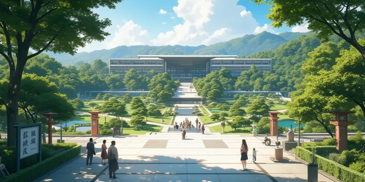 A luxury modern college, japanese, tree, park, view from entrance