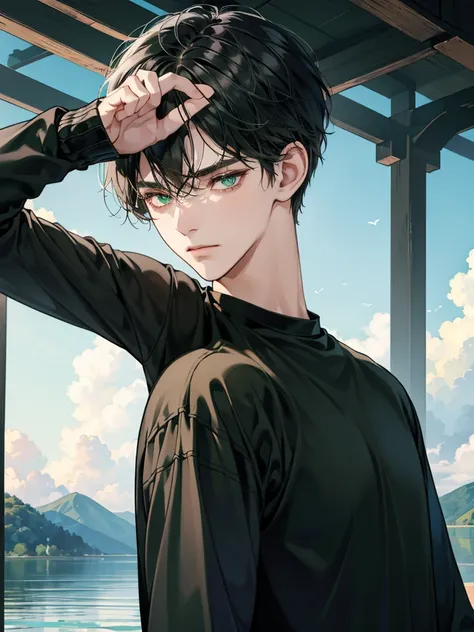 boy, green eyes, black wavy short hair, wear black t shirt, he expressionless, sleppy. not have expression. background beautiful scenery shades have big eyes. solo. he so kind. he cute and handsome. he so calm. his green eyes are big and beautiful. cool an...