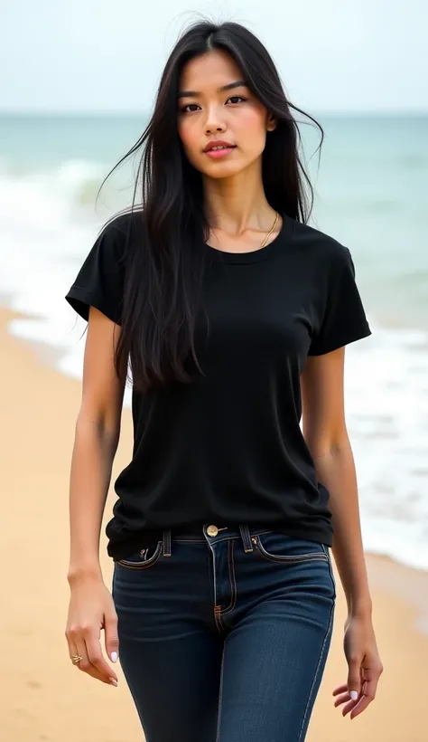 an adult woman who is not too fat, with long black hair, wearing a black t-shirt and dark blue jeans, is walking along the beach, seen from the front