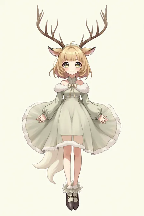 She has elegant, slender antlers integrated into a vintage-styled hairstyle, delicate pointed ears, large expressive eyes with a soft, feminine quality, and subtle fur accents, complemented by a prominent bust and footwear inspired by deer hooves. Anime