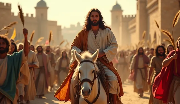  The triumphal entry of Jesus into Jerusalem
"Jesus riding a donkey ,  entering the gates of Jerusalem .  He is surrounded by a cheerful crowd ,  holding palm branches and spreading cloaks on the ground.  The walls and towers of the city are in the backgro...