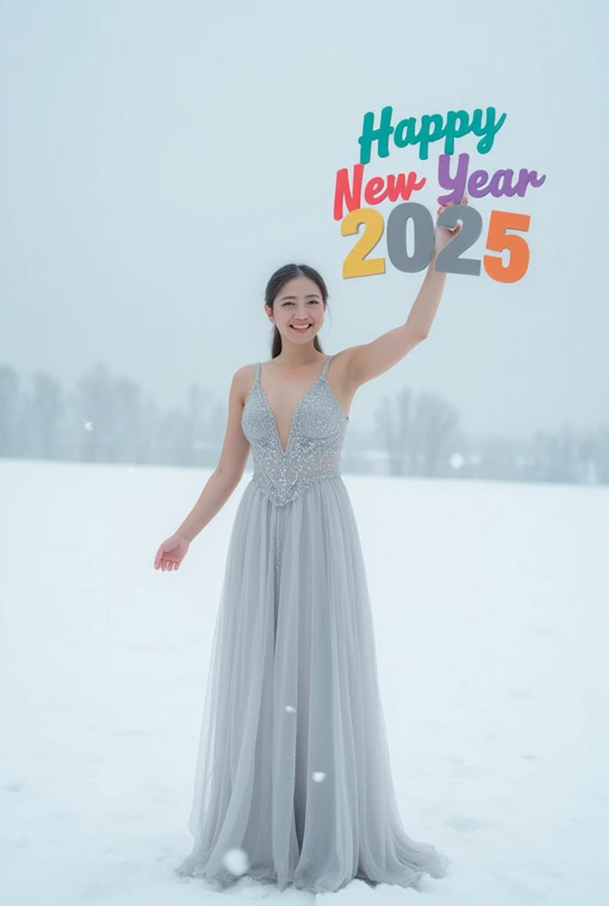 A girl in a long silver evening dress holding a Happy New Year 2025 sign stands in the middle of a snowfield.”