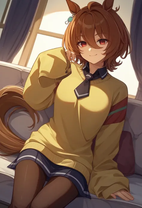 score_9、score_8_up、score_7_up、source_anime、solo、 One Girl 、 Agnes Tachyon 、smile、 stare at viewers、Horse&#39;s ears、White、Sleeves longer than your fingers、 yellow sweater、 black tie、 pantyhose、 one-sided earrings、Horse tail 