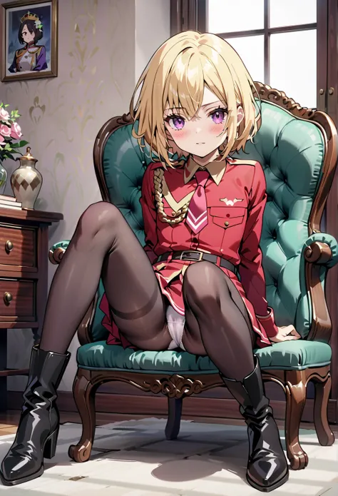  high image quality 、masterpiece、  High Quality   、Full HD、4K 、Take a full-body photo、 Golden Hair 、 、 short bob  、 purple eyes、Cat Eyes、blush、 Danger Emoticons、Estrus、 slim、 flat chest、blush、Sit on a chair without a backrest 、 open legs 、Royal Family、kuro...