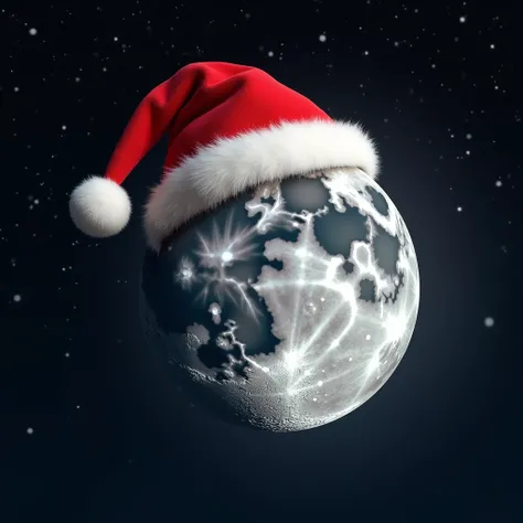 realistic image of moon wearing a red christmas hat