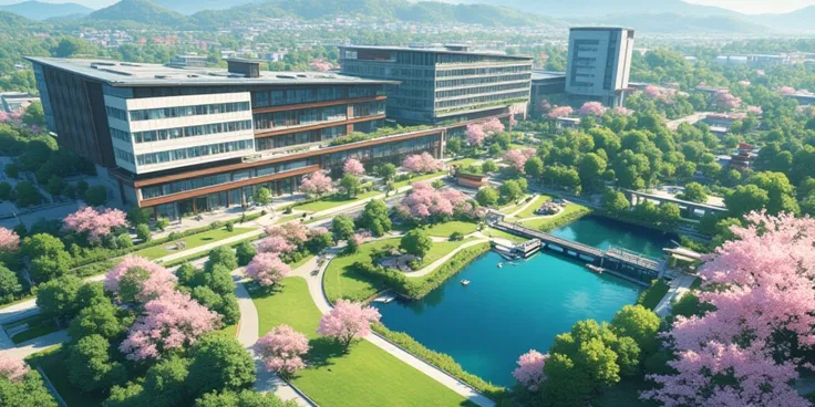 A luxury modern college, college dorm, college building, japanese, tree, park, lake, view from above