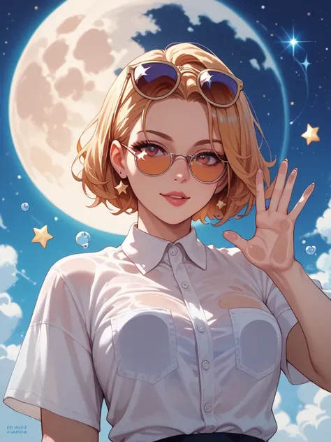 The model is wearing glass sunglasses with stars and the moon on the glass