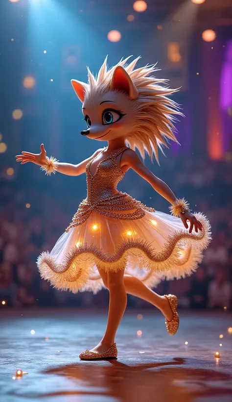 "A stunning anthropomorphic hedgehog-girl hybrid performing an enchanting dance on a brightly lit stage. Her body is covered with soft hedgehog-like spines that form elegant patterns, blending seamlessly with her human features. She wears a dazzling, custo...