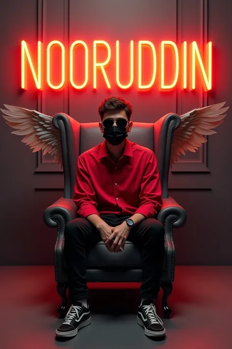 Create a 3d illusion for profile picture where a 24 year boy in a Red shirt and wearing Black mask and Sunglasses sitting on wingback chair . wearing sneakers ,he looks Ahead the back ground features "Nooruddin" in a big and capital orange neon light fonts...