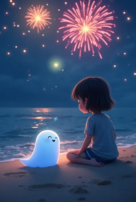 A small girl sitting with one small cute 👻 in the beach and the night sky is full of fireworks but we can see there back side only
Dont show the face of them cute 👻also