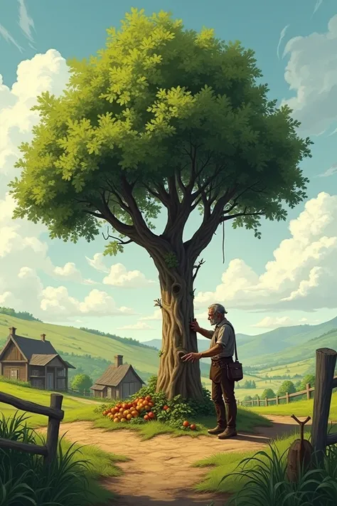 A man lived alone in the village and used to grow his own tree on the land. Then, when the tree was full, he used to cut the bad tree and send it to the farmers.