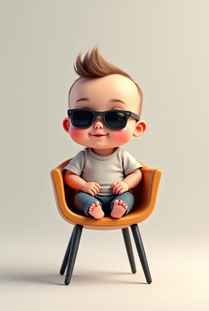 A little baby boy sit in a chair attitude 
with black sunglasses 