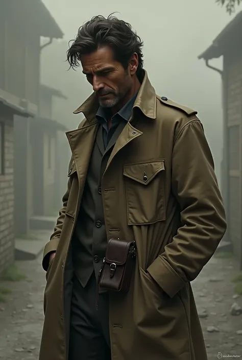 35-year-old sleepy guy with dark brown hair with a large side pouch and a 1920s trench coat