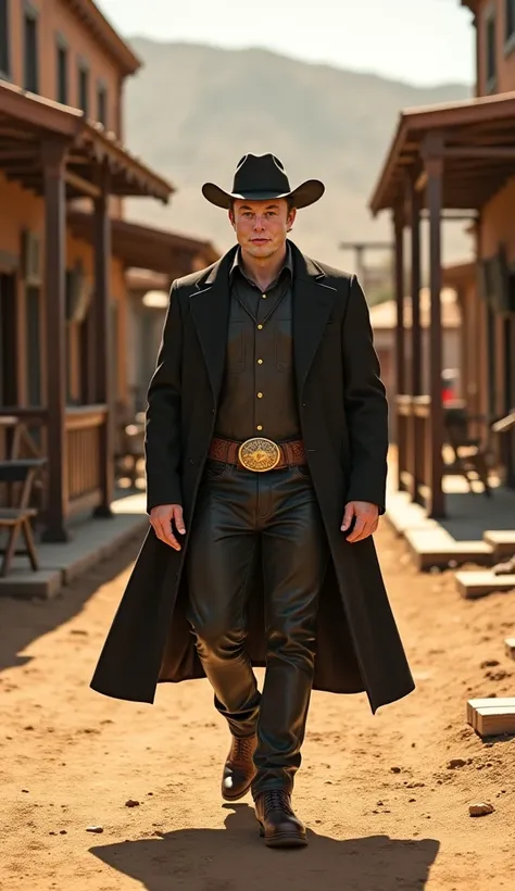 "Realistic image of a man resembling Elon Musk in a detailed cowboy outfit walking confidently in front of an old wooden bank building from the Wild West era. The setting includes a dusty street, wooden sidewalks, and a warm golden light from a late aftern...