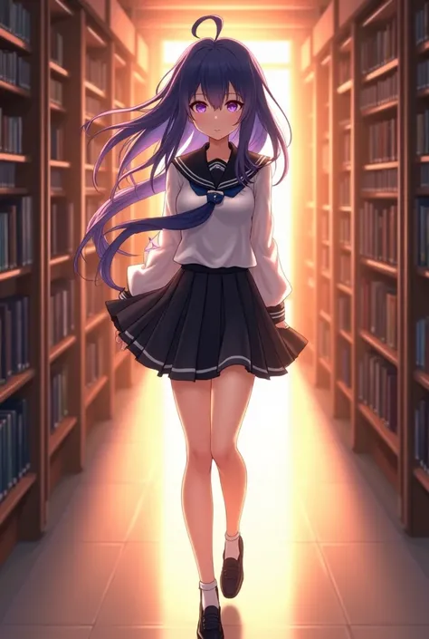 Raiden from Genshin Impact with dark bluish black hair and bright purple eyes in school uniform white shirt and short black skirt walking through the school library corridor at sunset