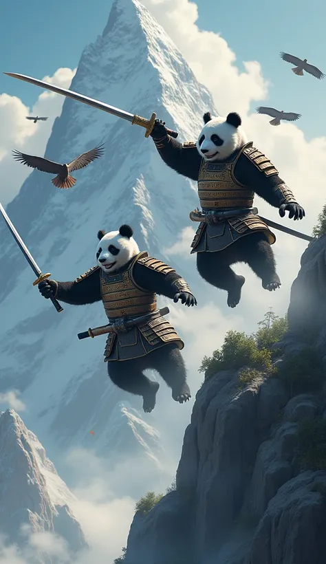  Two pandas jumping off the mountain holding a sword with samurai armor, And the two eagles around the mountain  