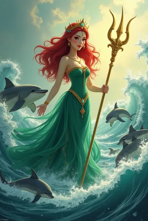 asian  princess with crown, yellow skin, red hair waving,  red lips, green royal dress, a jewel on his forehead, holding golden trident and hands move bewitching whirlpools fly upwards , facing forward standing on big wave ocean, companying with giant dolp...