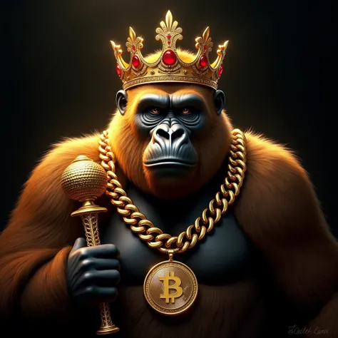 A hyper-realistic digital portrait of a majestic gorilla portrayed as a regal king. The gorilla has realistic facial features with intense, intelligent eyes and a calm yet authoritative expression. His fur is gold-colored and finely detailed, glowing with ...