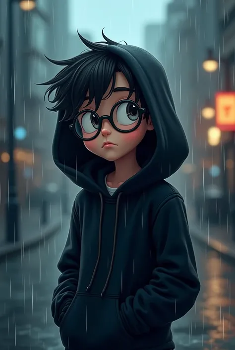 A young man wearing a black hoodie on a rainy day, wearing round glasses, and his hair style is a two-block cartoon