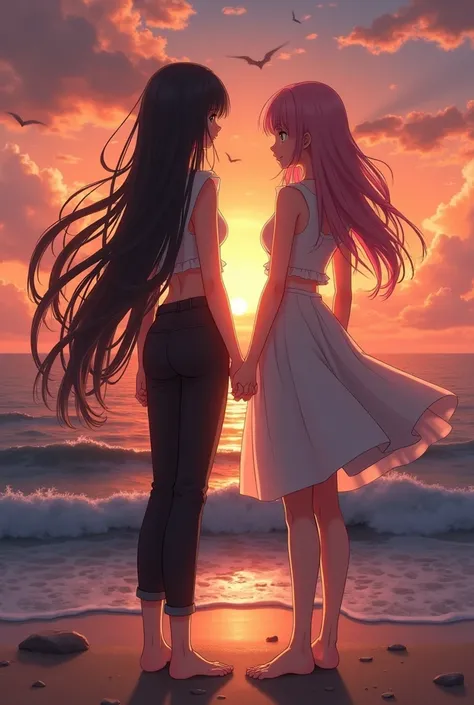 I would like an anime-style image of two women standing with their backs turned. One has long black hair and is wearing pants, while the other has long pink hair and is wearing a skirt. The background should be a sunset by the sea.

