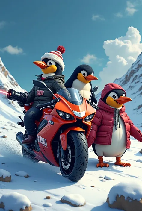  Make a group of penguins called Kawasaki , cago, Krico and Stripper ,  Kawasaki has a motorcycle with laser guns , cago es un inodoro con cañones láser y con cabeza de pingüino,  Krico is the explosive expert ,  with a giant rocket launcher with a nuclear...