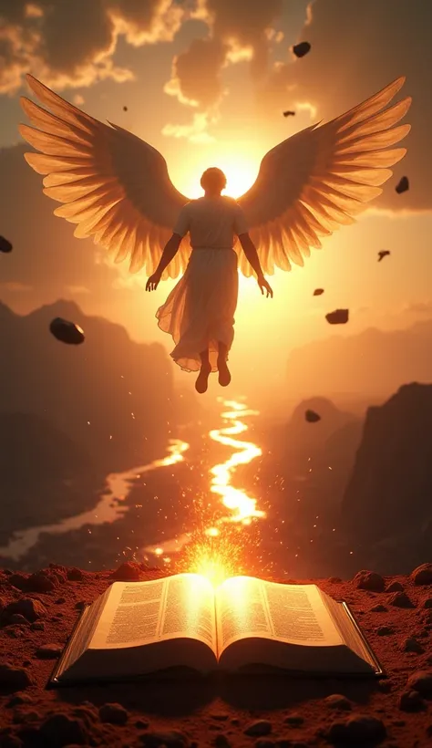   The scene of an angel blowing a trumpet over a devastated land. on the floor, an open Bible illuminated by a divine light  . In the background,   asteroids falling from the sky and rivers turning to blood  . Parameters  : cinematic, 8k, hevc  , realistic...