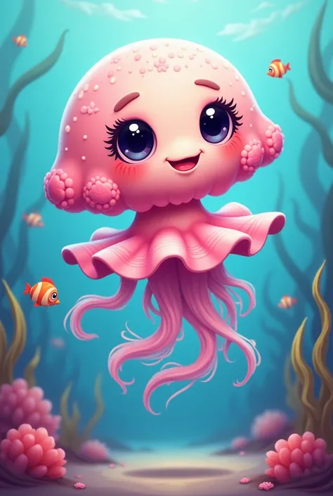 A pink cartoon jellyfish wearing a pink ballet skirt and large black eyelashes