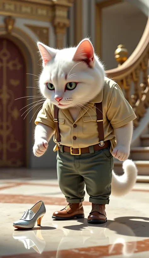 Create a realistic picture of a white Cat Prince wearing work clothes taking a glass slipper while bending slightly. Background Stairs inside the royal castle