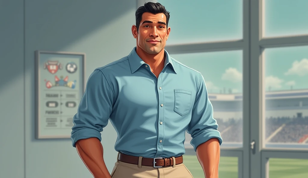 "Create a realistic and composed character design of Fortaleza, a 40-year-old man representing a football club built on organization and resilience. Fortaleza has tanned skin, short and neatly combed black hair, and a medium build with broad shoulders, sym...