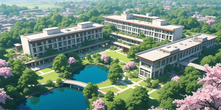 A luxury modern college, college dorm, college building, japanese, tree, park, lake, view from above