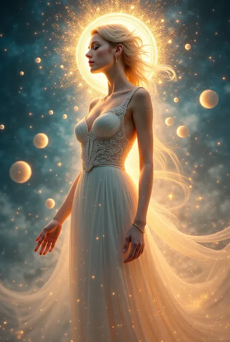 A female celestial beauty transitioning in to a new year surrounded by light