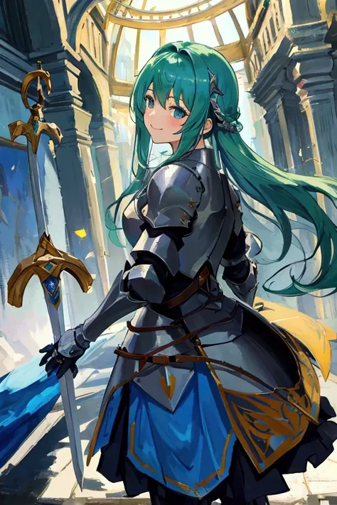 oil painting, Like a game cover、background（ hits the movie spotlight、Light shines in from the horizon、Sky City、 blue and green contrast）, pose（ looking back、 smiles）、 characters（knight、Hero、 1 girl）、item（sword）、scene（whole body）