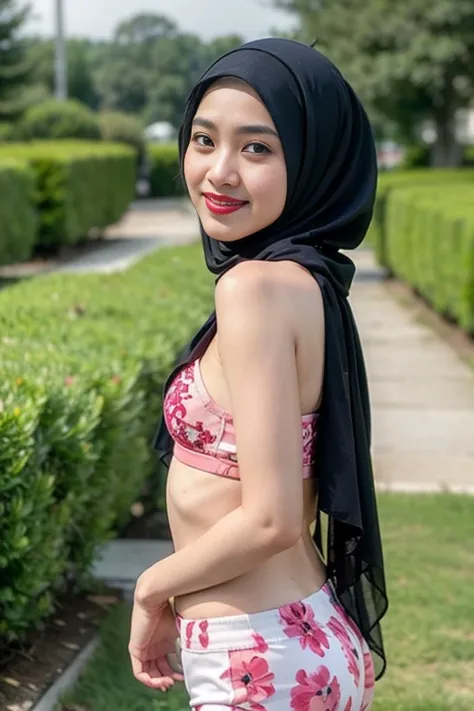 (Happy smile), (((HIJAB MALAY GIRL))), masutepiece, High quality, UHD 32K, Realistic face, Realistic skin feeling , A Japanese Lady, , , Very cute and baby-like face, (((FLAT CHEST))), (Night time at forest), ((look In front  at the camera and SADNESS)), (...