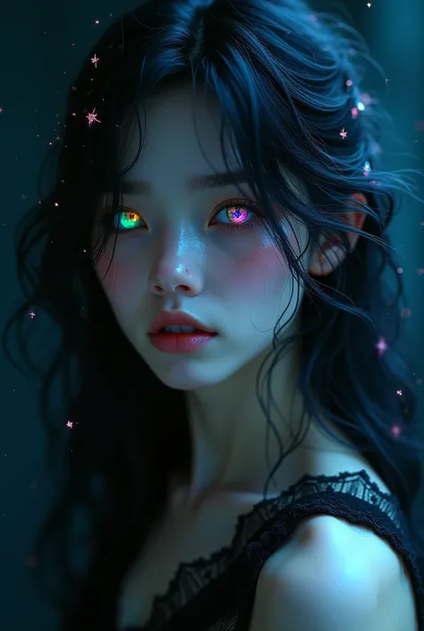 Create a image of a 18 year old boy with Long hair, pale skin, cute face. Hair black as night with Stars shining on them and emotionless face. What colorful shining eyes.