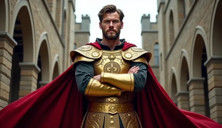 a cleric, with the face of 30-year-old actor Chris Hemsworth, exuding rugged charm and commanding authority. He wears a gilded but divine steel robe adorned with intricate engravings, a crimson cape flowing dramatically behind him. He stands facing forward...