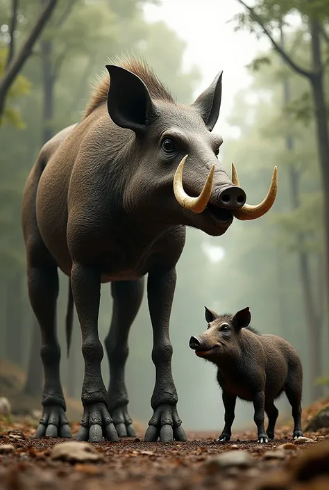 A hyper-realistic comparative scene featuring an Entelodont alongside a modern wild boar, illustrating the evolutionary divergence over millions of years. The Entelodont, towering at 2 meters tall with a weight of up to 900 kg, dwarfs the wild boar, which ...