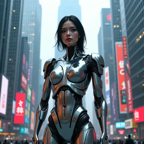 （ top quality 。  Highest Resolution  。  Super Realistic Photos  。  full body portrait  。）A female cyborg who appeared in a big city。