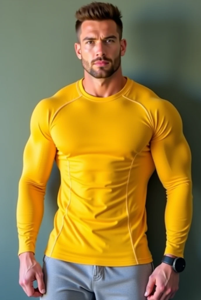 
"A muscular man with short, neatly styled brown hair, wearing a vibrant mustard yellow, form-fitting long-sleeved shirt that accentuates his well-defined physique. The shirt has a slightly tapered hemline, adding a modern touch. His expression is serious ...