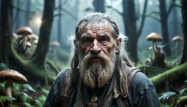  a mushroom with the human face of an old man with a long beard and mustache,  Tired expression , in a forest in a hazy night scene 