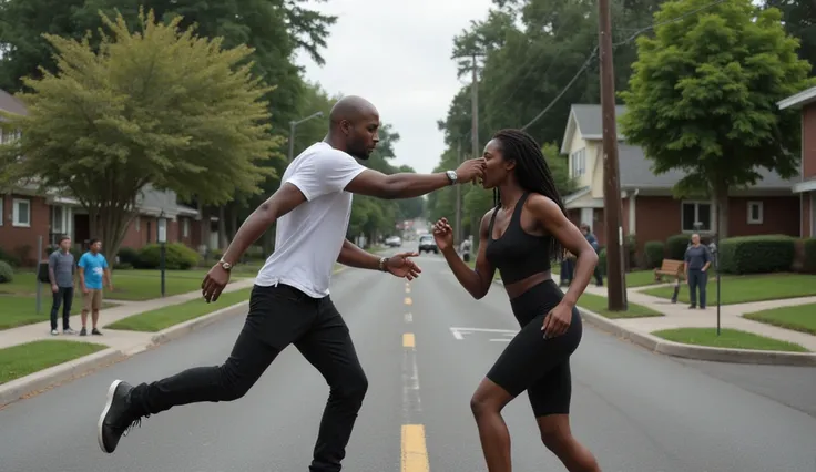 a confrontation between a white male and a black female in a quiet residential area. in the background are onlookers