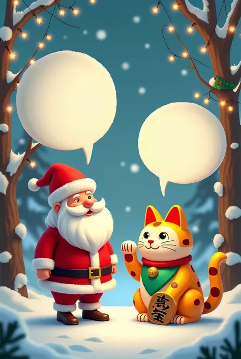 a Christmas scnene with a conversation between Santa Klaus and a Maneki Neko. Both have an empty speech bouble.