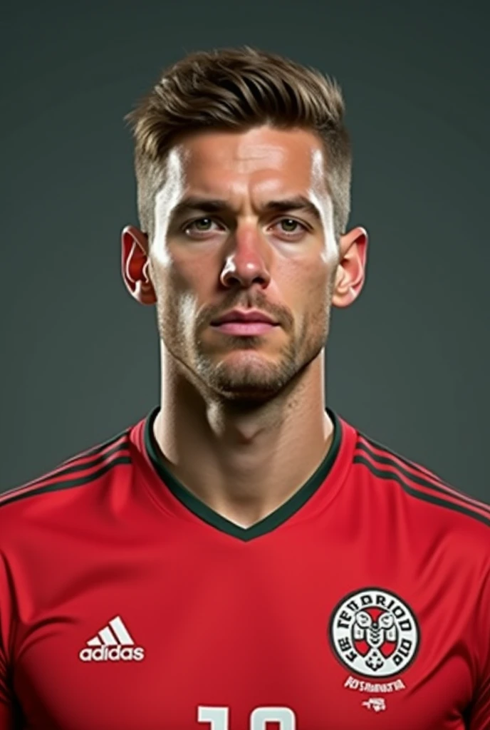 Create a realistic photo of Robert Böhm, 25 years old, Austrian, Feyenoord Rotterdam FC CB, create a randomized facial features including skin color, face shape, anything, but keep in mind he is Austrian, serious look