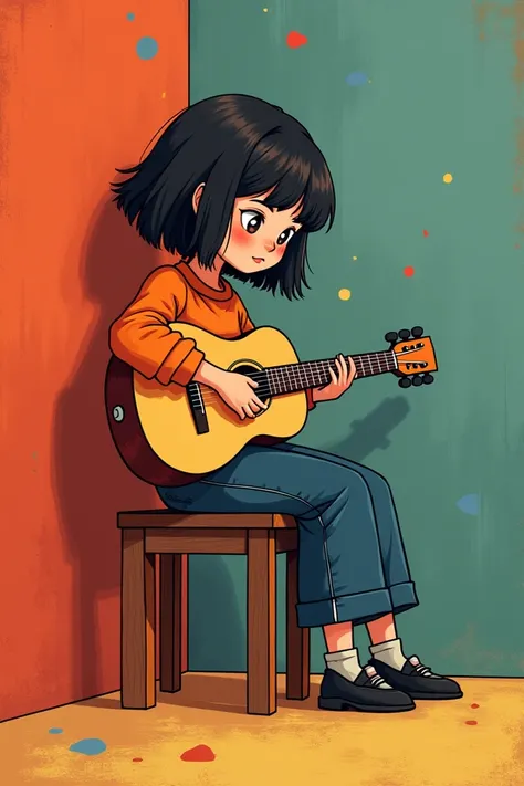 Use primary colors. I want in a strange style, a guitar, a girl with a piano, elements of cuteness... a boy...