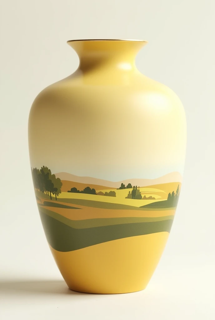 Ash urn in light yellow color on which a summer landscape is painted in minimalism 