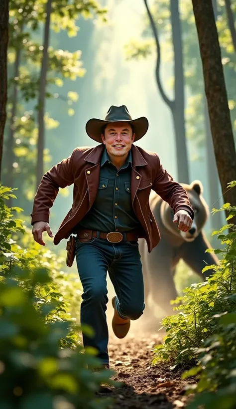 "Realistic image of a man resembling Elon Musk in a cowboy outfit running frantically through a dense jungle with a fierce bear chasing him. The man’s face shows panic, while the bear is mid-charge, its expression aggressive. The jungle is lush and vibrant...