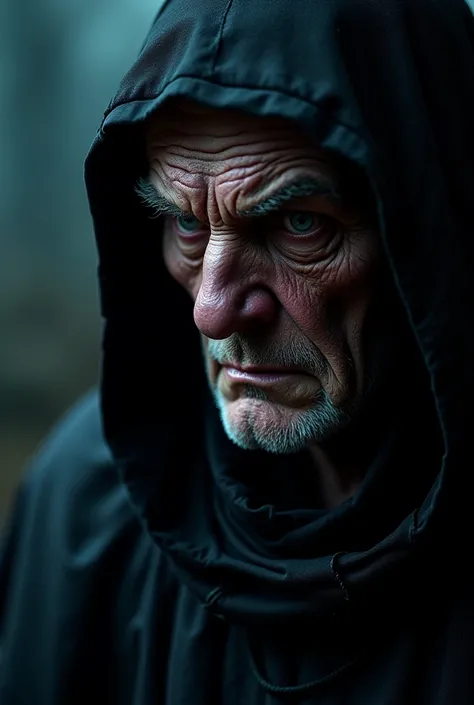 A close-up side image of the face of an old magician with a cloak over his head full of wrinkles and malicious looks, a dark style, dim lighting, a focused cinematic light