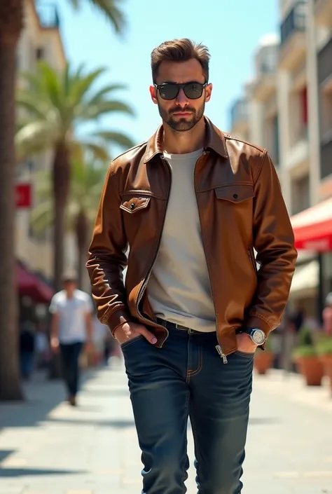 Man wearing brown leather jacket and dark blue jeans walking in antalya city